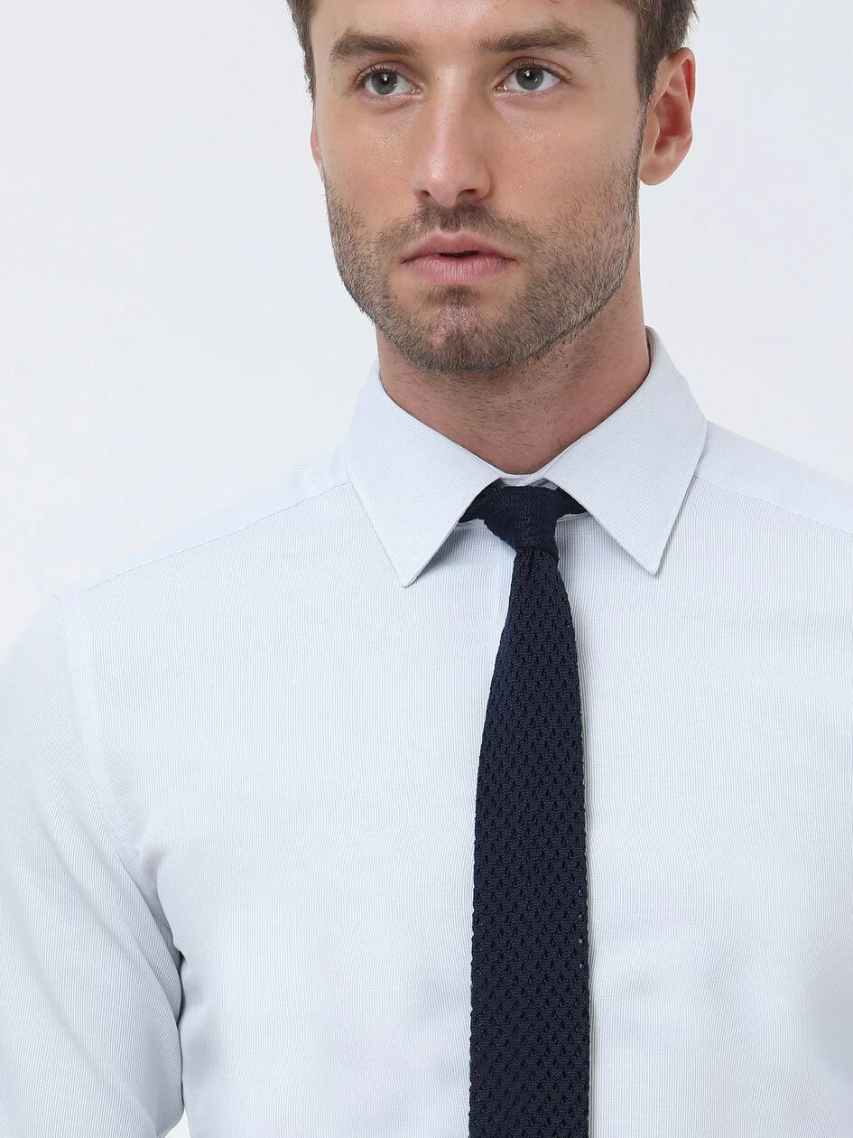 Blue Plain Slim Fit Weaving Classical Cotton Blended Shirt - 3