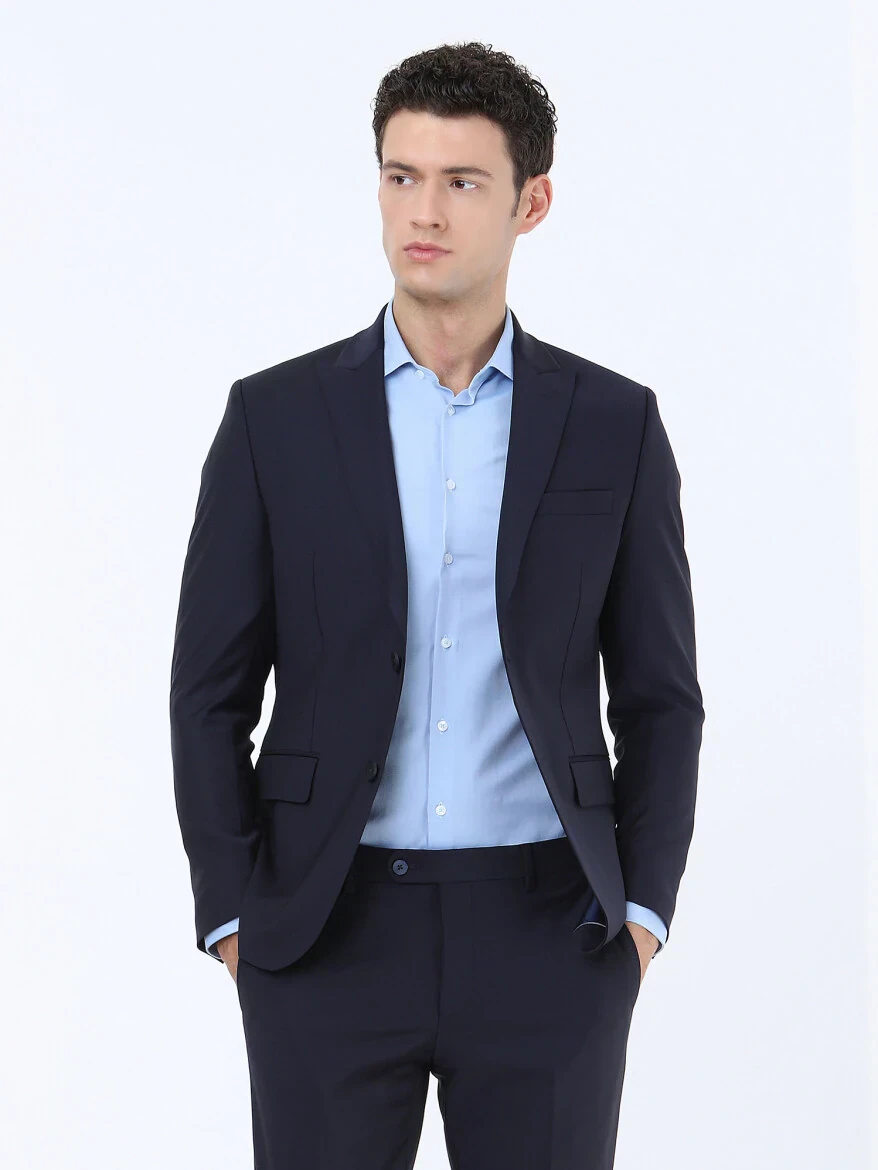 Blue Plain Slim Fit Weaving Classical Cotton Blended Shirt - 3