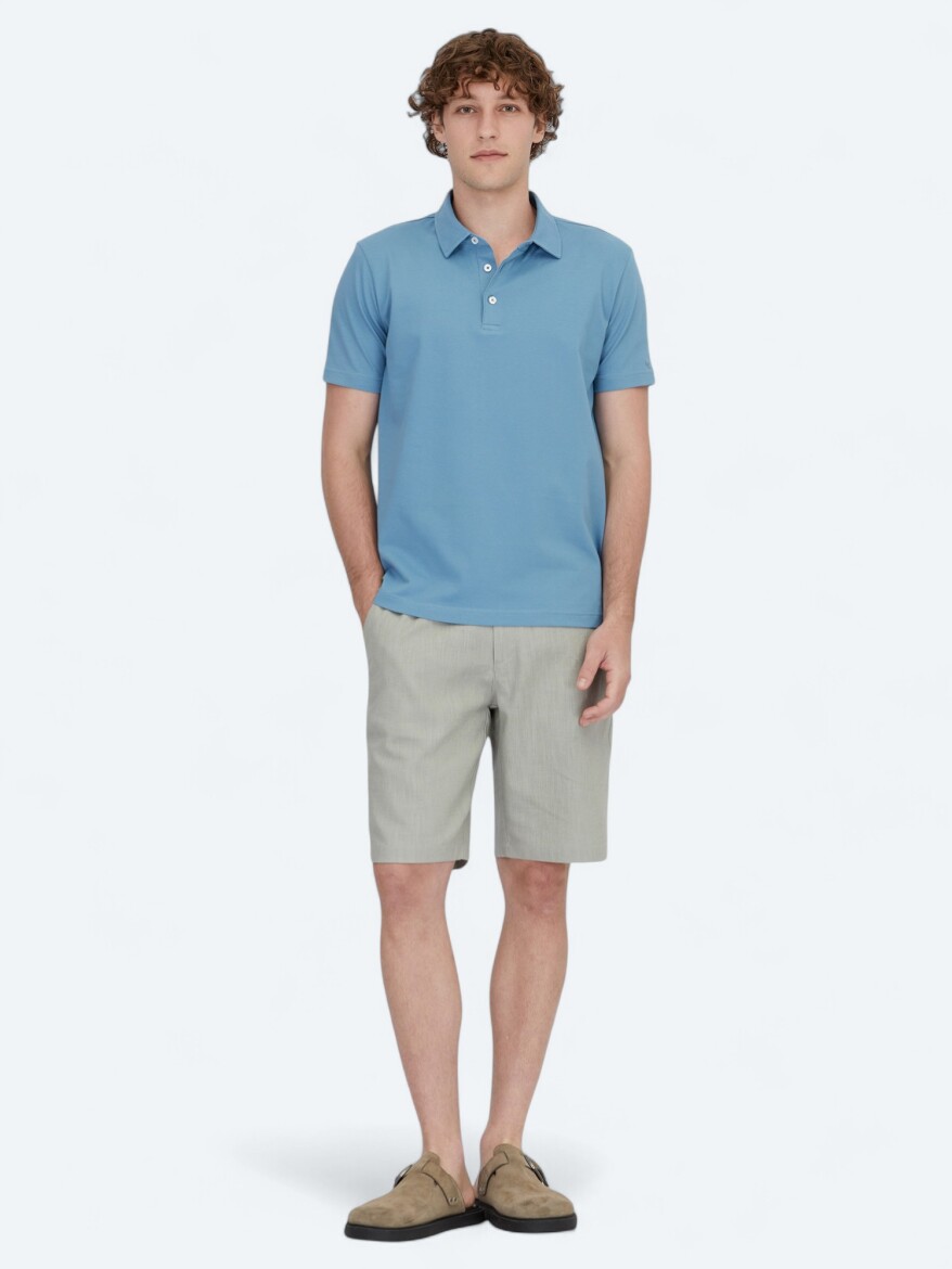 Blue Polo Neck Cotton Blended T-Shirt - 2