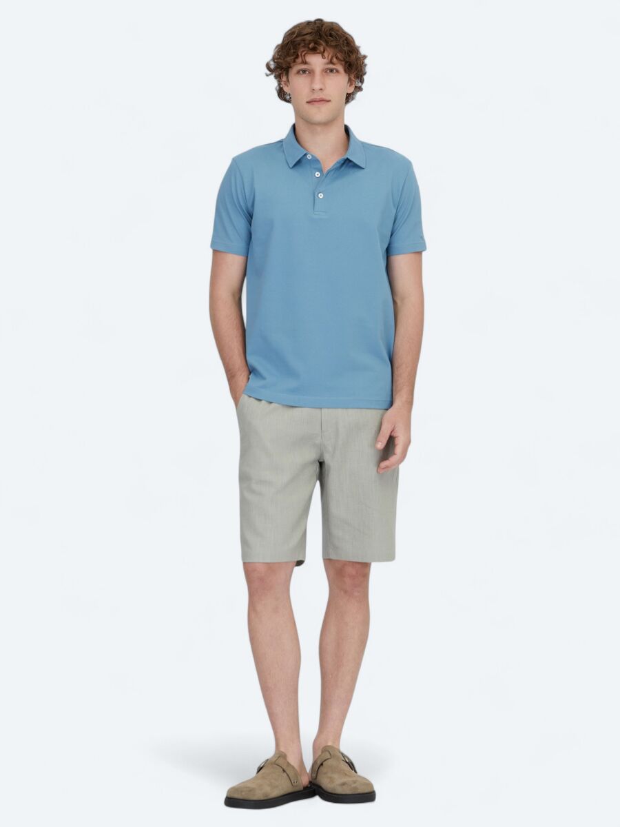 Blue Polo Neck Cotton Blended T-Shirt - 2