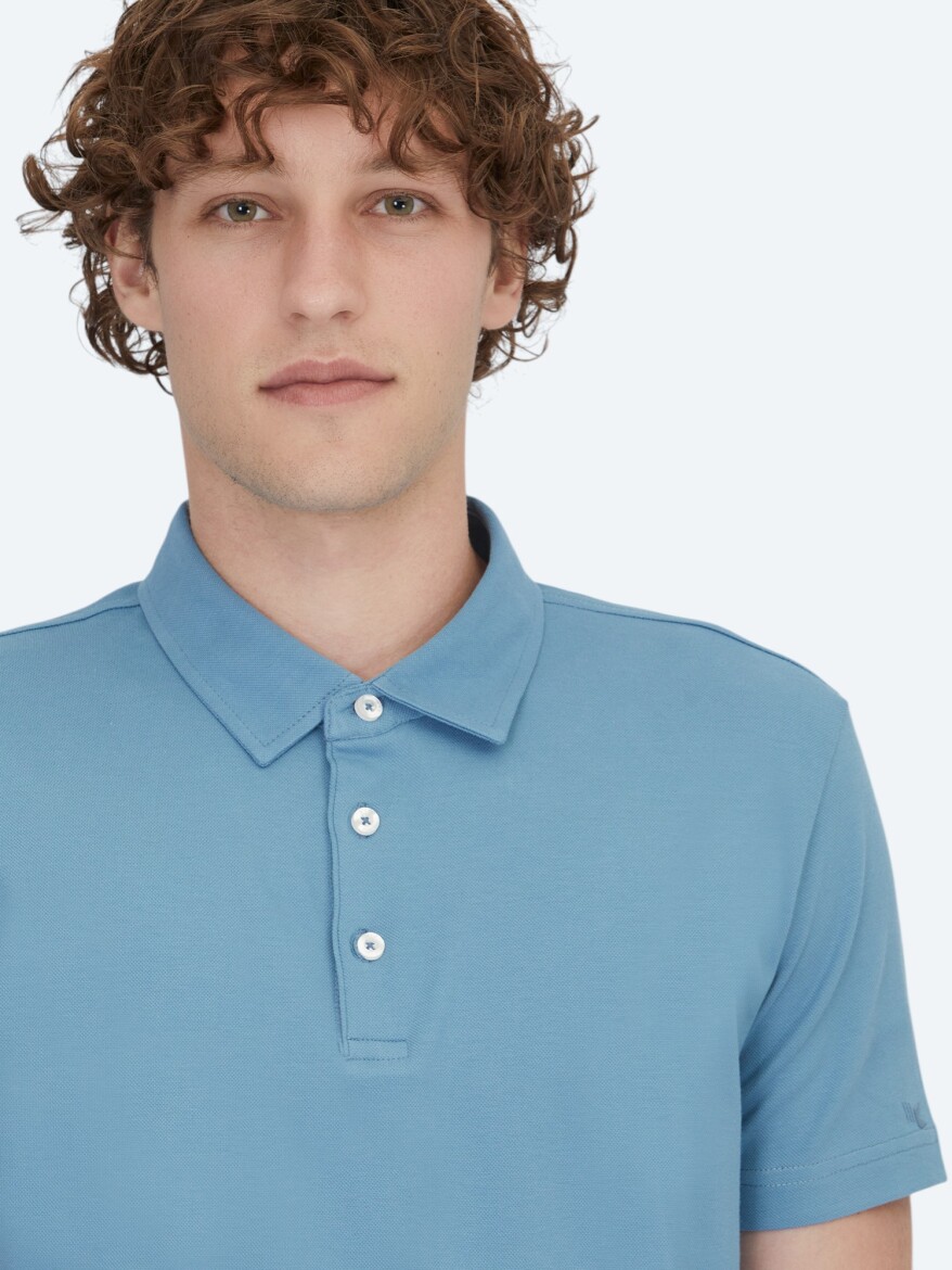 Blue Polo Neck Cotton Blended T-Shirt - 3