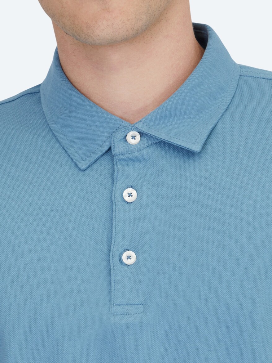 Blue Polo Neck Cotton Blended T-Shirt - 4