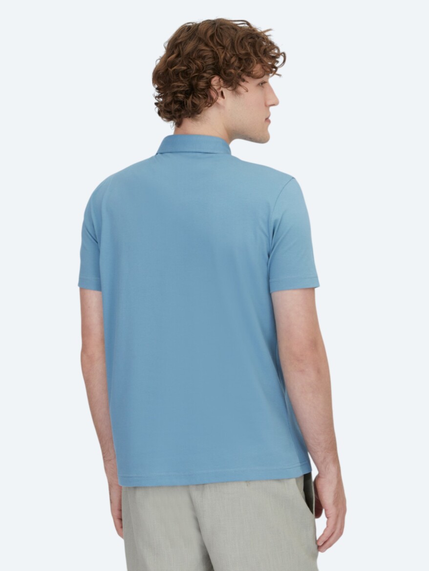 Blue Polo Neck Cotton Blended T-Shirt - 5