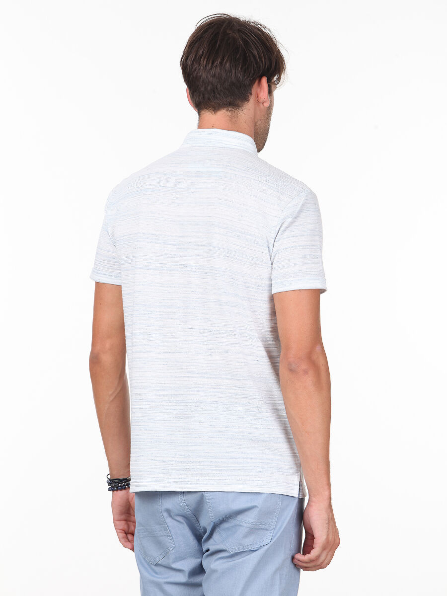 Blue Printed Polo Neck Cotton Blended T-Shirt - 4