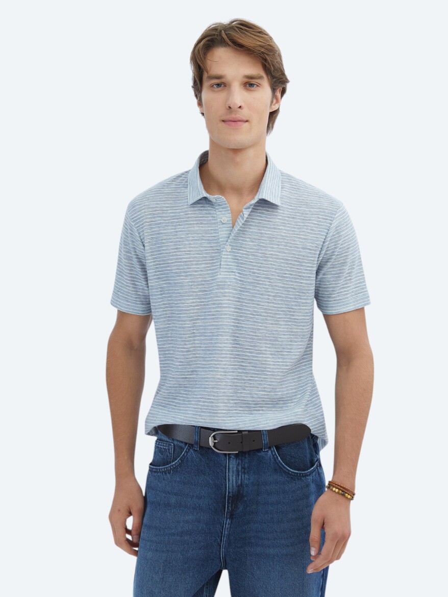 Blue Printed Polo Neck Cotton Blended T-Shirt - 1