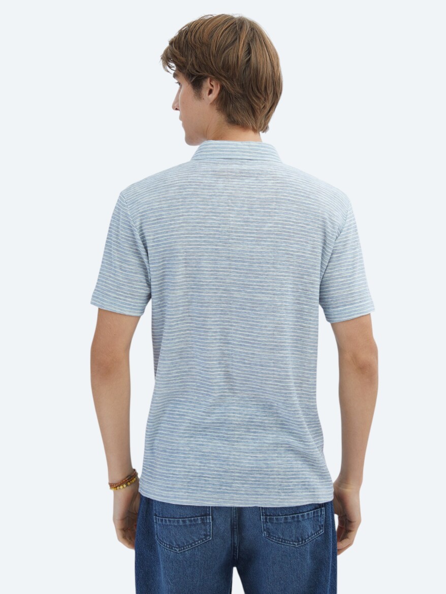 Blue Printed Polo Neck Cotton Blended T-Shirt - 6