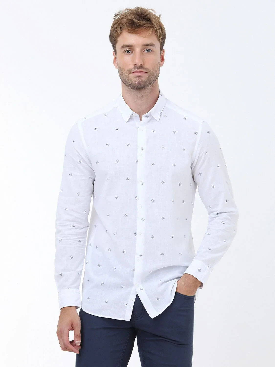 Blue Printed Regular Fit Weaving Casual 100% Cotton Shirt - 1
