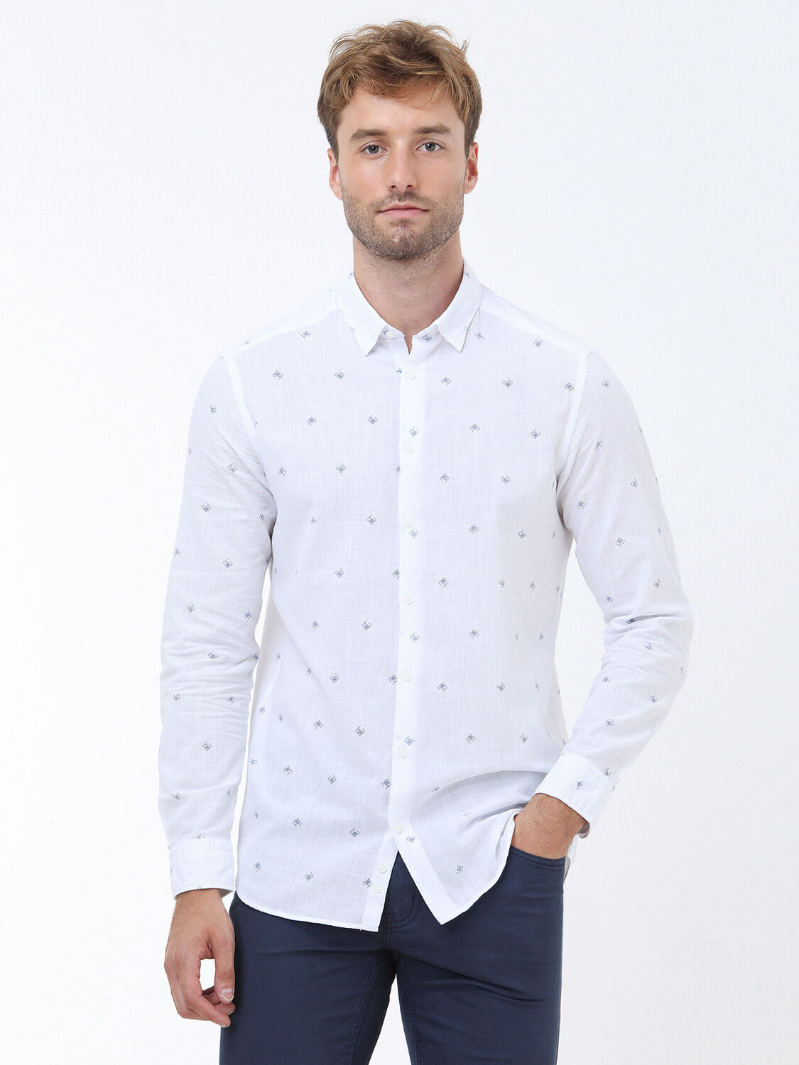 Blue Printed Regular Fit Weaving Casual 100% Cotton Shirt - 1