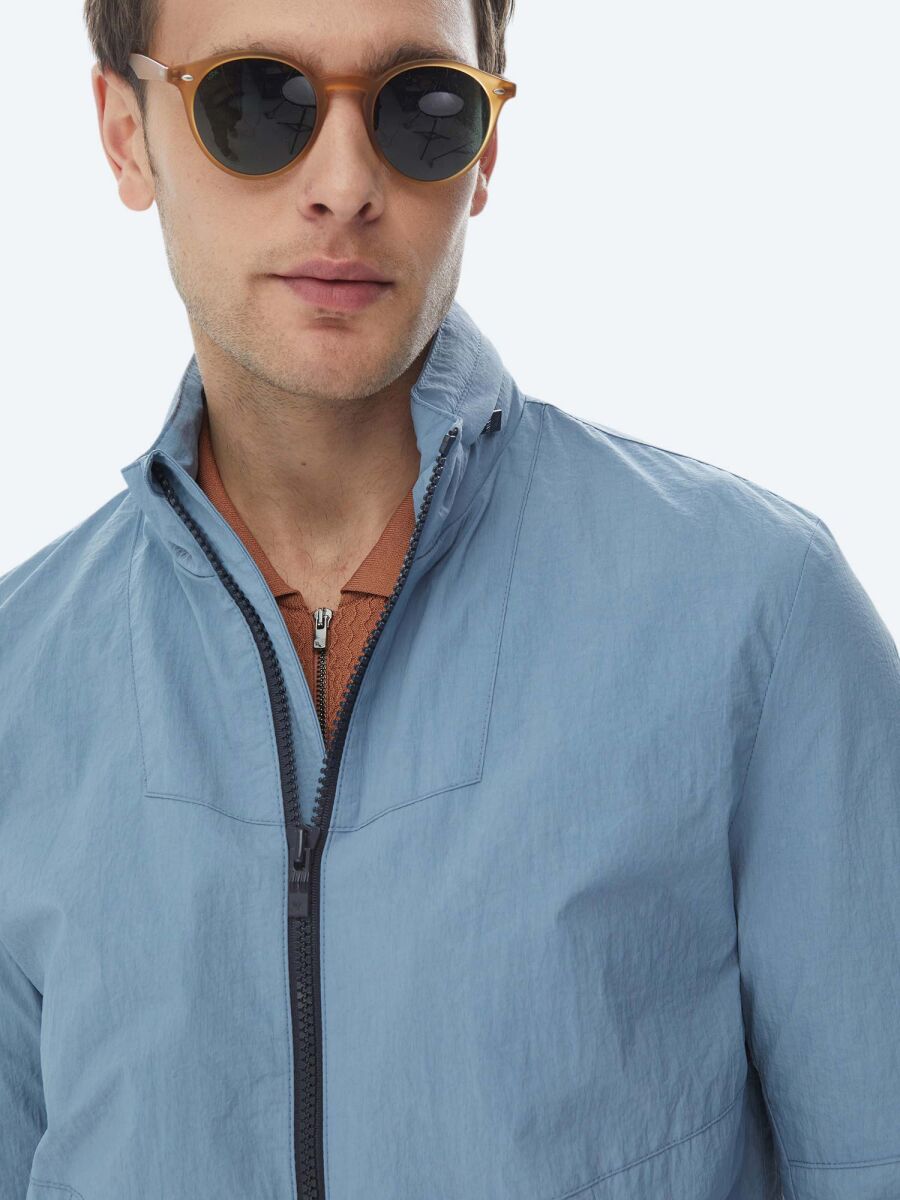 Blue Regular Fit Hidden Hood Casual Weaving Coat - 2