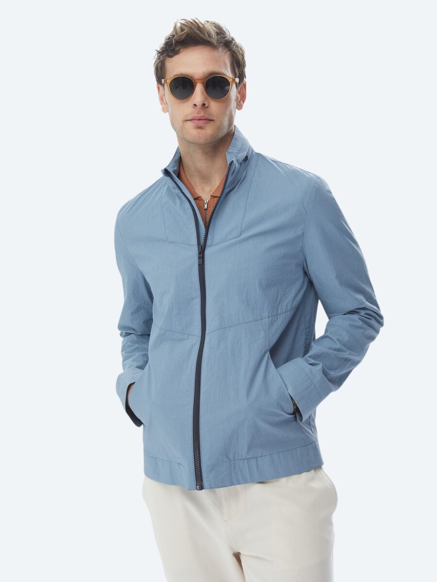 Blue Regular Fit Hidden Hood Casual Weaving Coat - 5