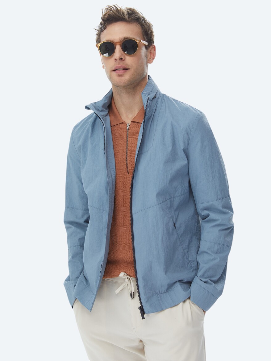 Blue Regular Fit Hidden Hood Casual Weaving Coat - 8
