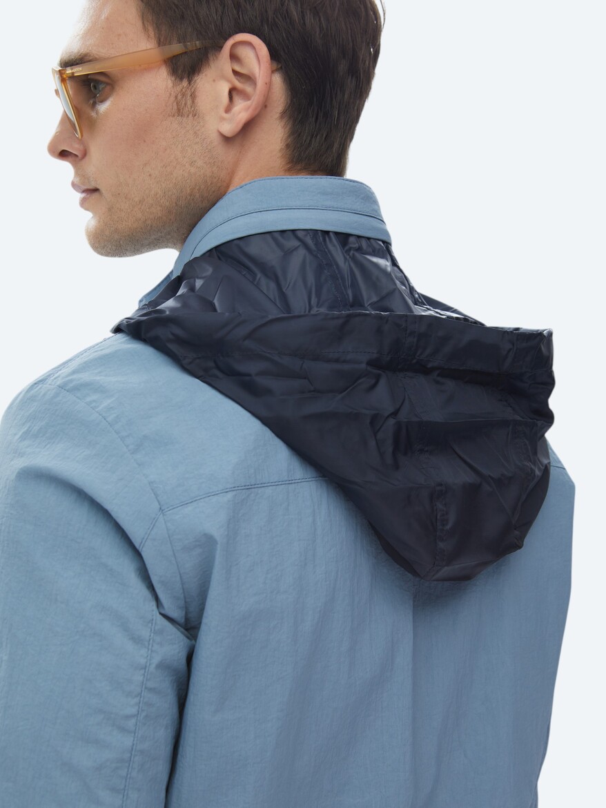 Blue Regular Fit Hidden Hood Casual Weaving Coat - 13
