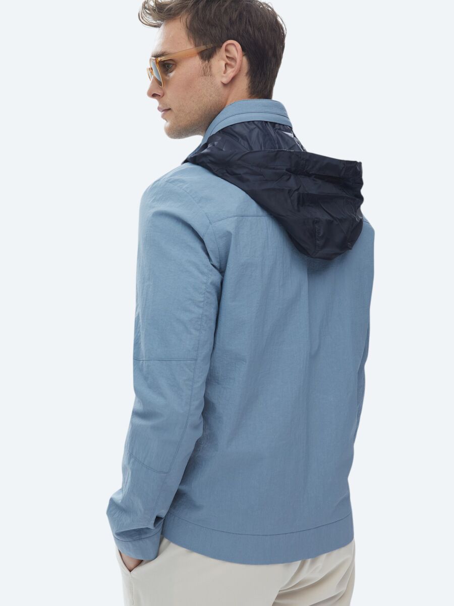 Blue Regular Fit Hidden Hood Casual Weaving Coat - 14