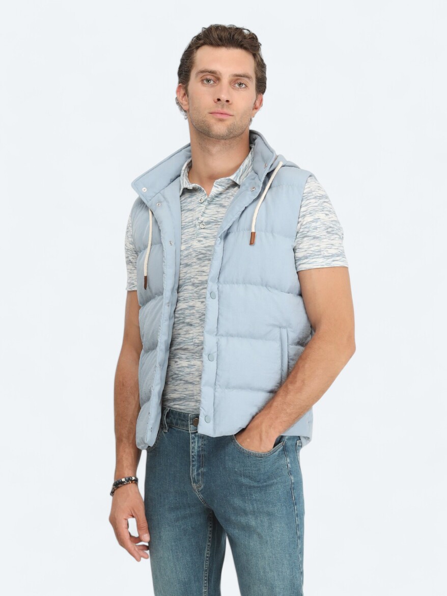 Blue Regular Fit Hooded Casual Weaving Puffer Vest - 1