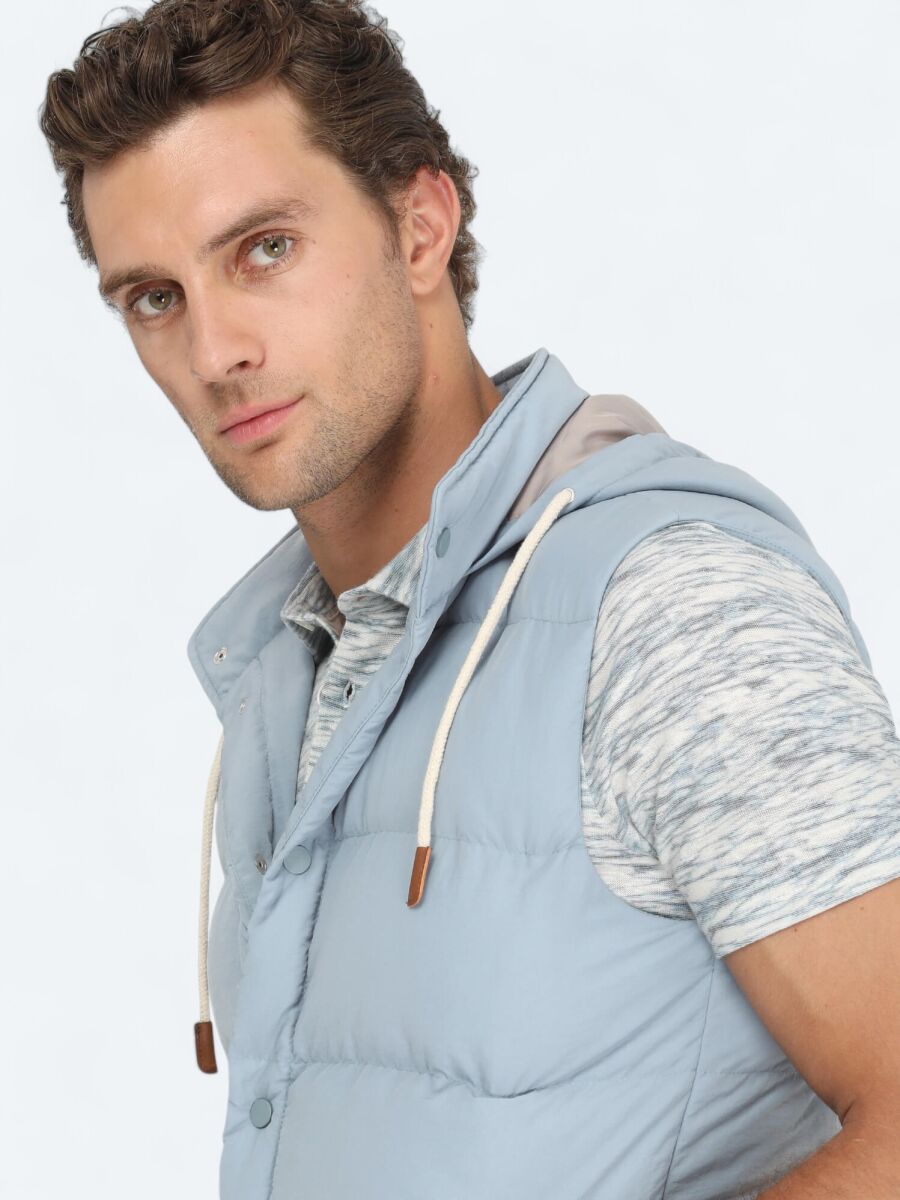 Blue Regular Fit Hooded Casual Weaving Puffer Vest - 4