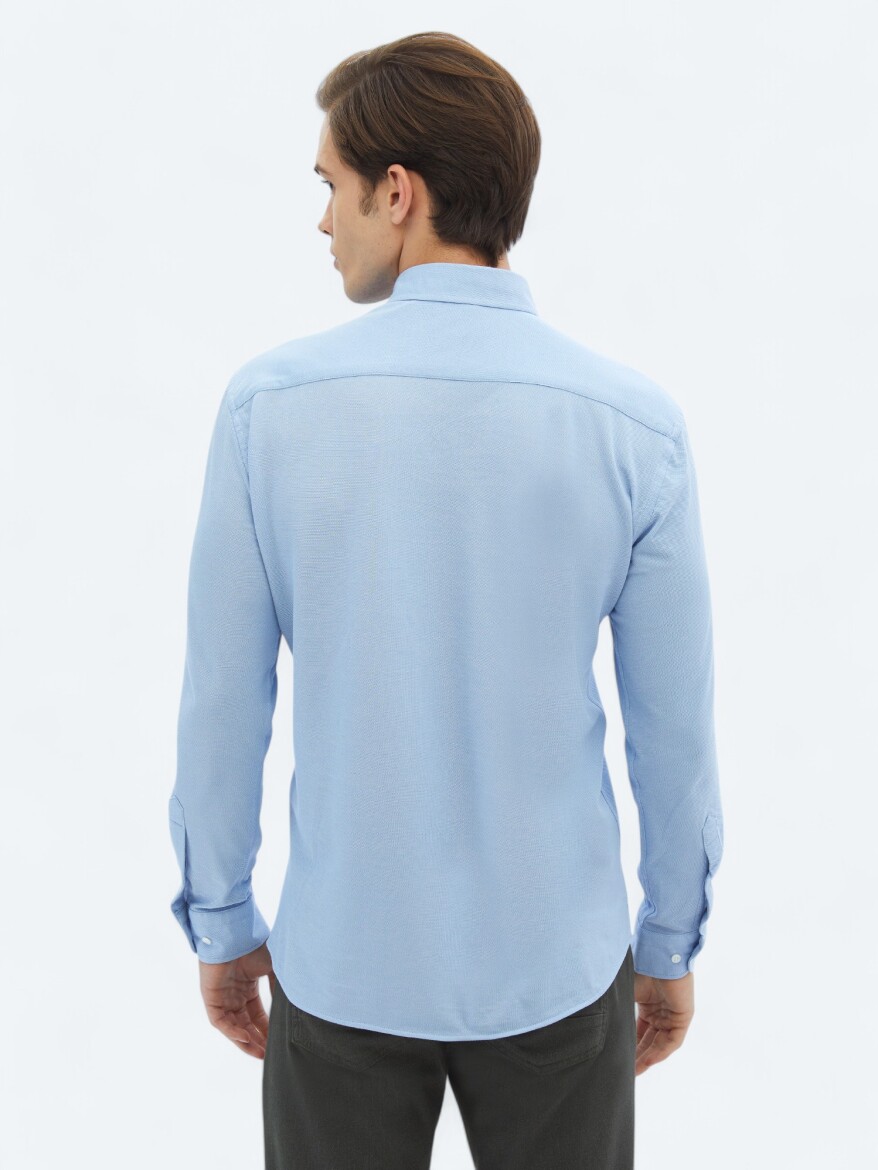 Blue Regular Fit Long Knitting Casual Cotton Blended Shirt - 5