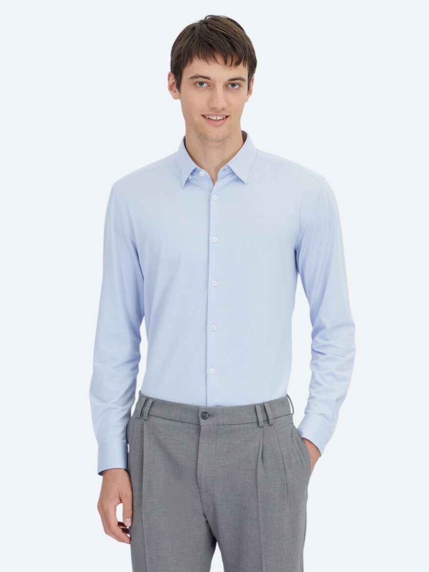 Blue Regular Fit Long Knitting Sport Cotton Blended Shirt 