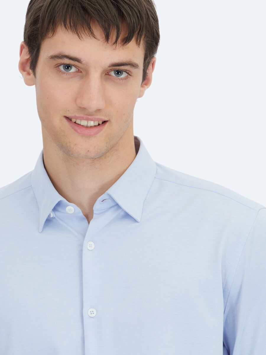 Blue Regular Fit Long Knitting Sport Cotton Blended Shirt - 4