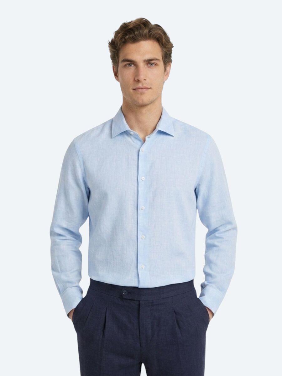 Blue Regular Fit Long Weaving Casual Cotton Blended Shirt - 1