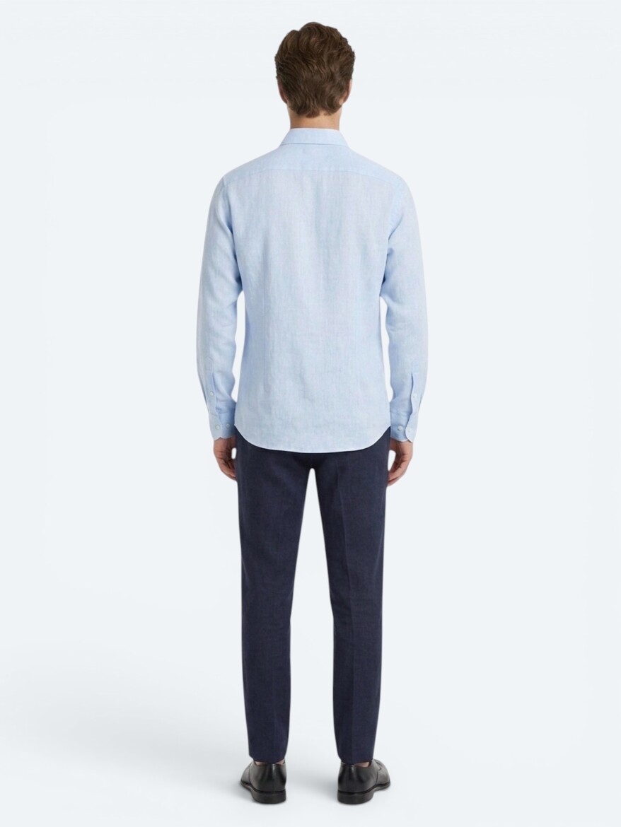 Blue Regular Fit Long Weaving Casual Cotton Blended Shirt - 5