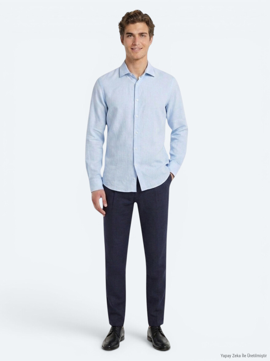 Blue Regular Fit Long Weaving Casual Cotton Blended Shirt - 4