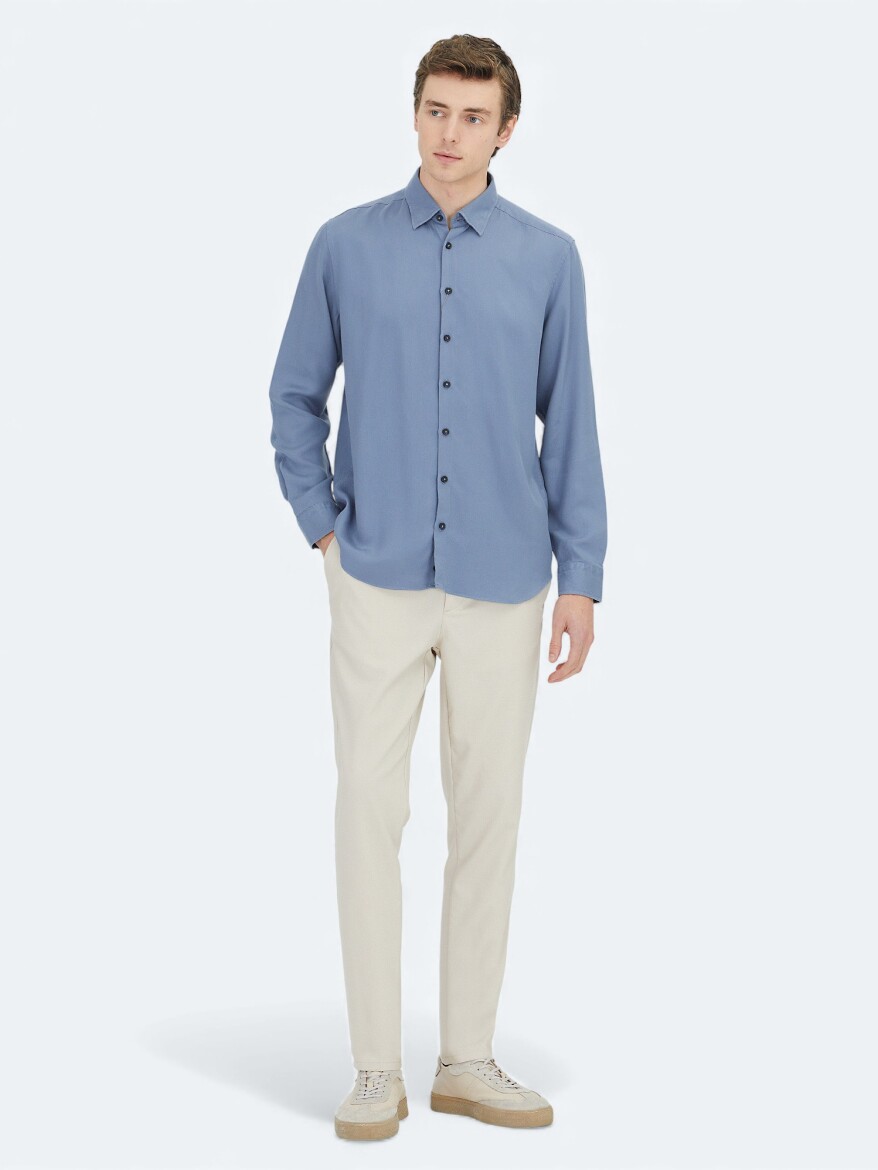 Blue Regular Fit Long Weaving Casual Shirt - 3