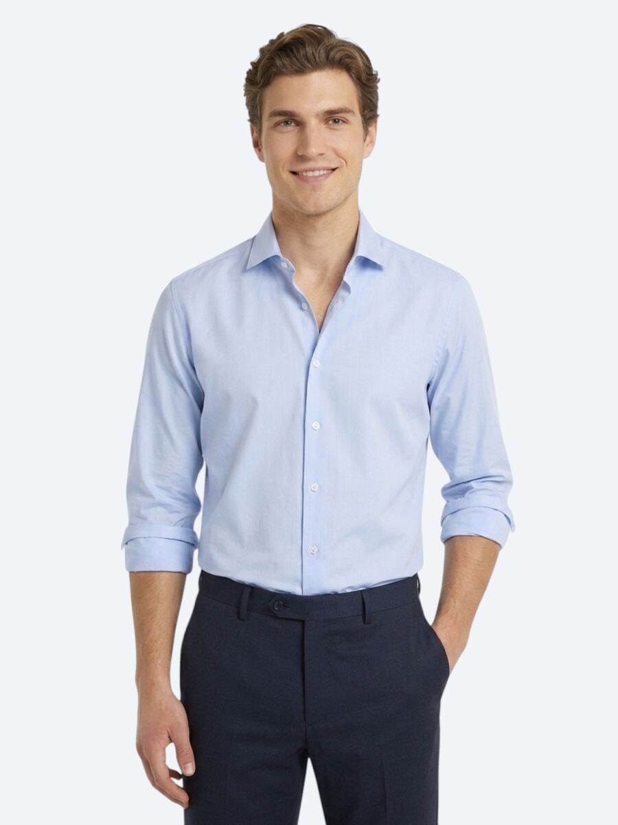 Blue Regular Fit Long Weaving Classical 100% Cotton Shirt - 1