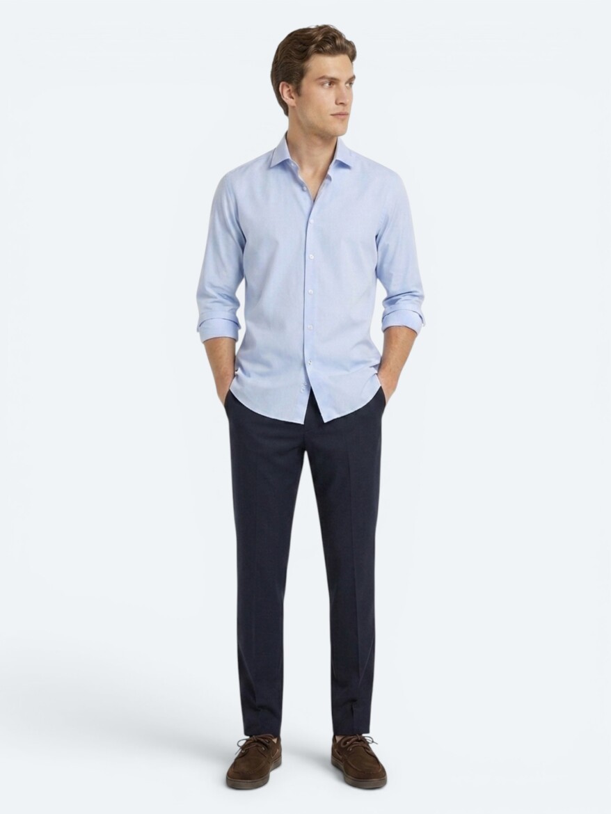 Blue Regular Fit Long Weaving Classical 100% Cotton Shirt - 2