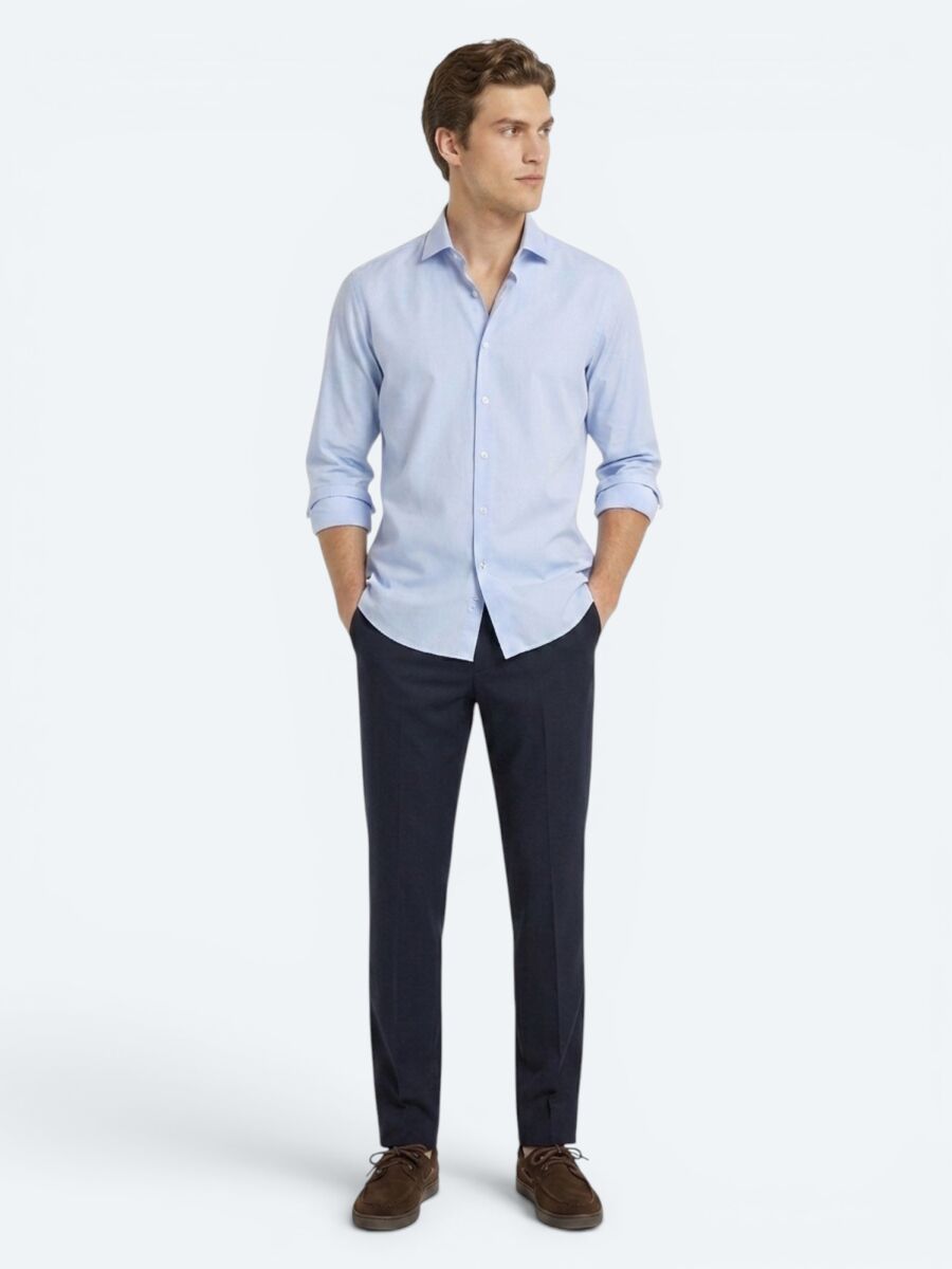 Blue Regular Fit Long Weaving Classical 100% Cotton Shirt - 2