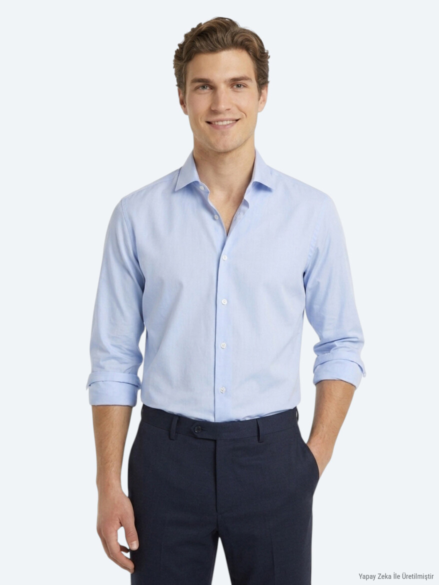 Blue Regular Fit Long Weaving Classical 100% Cotton Shirt - KİP