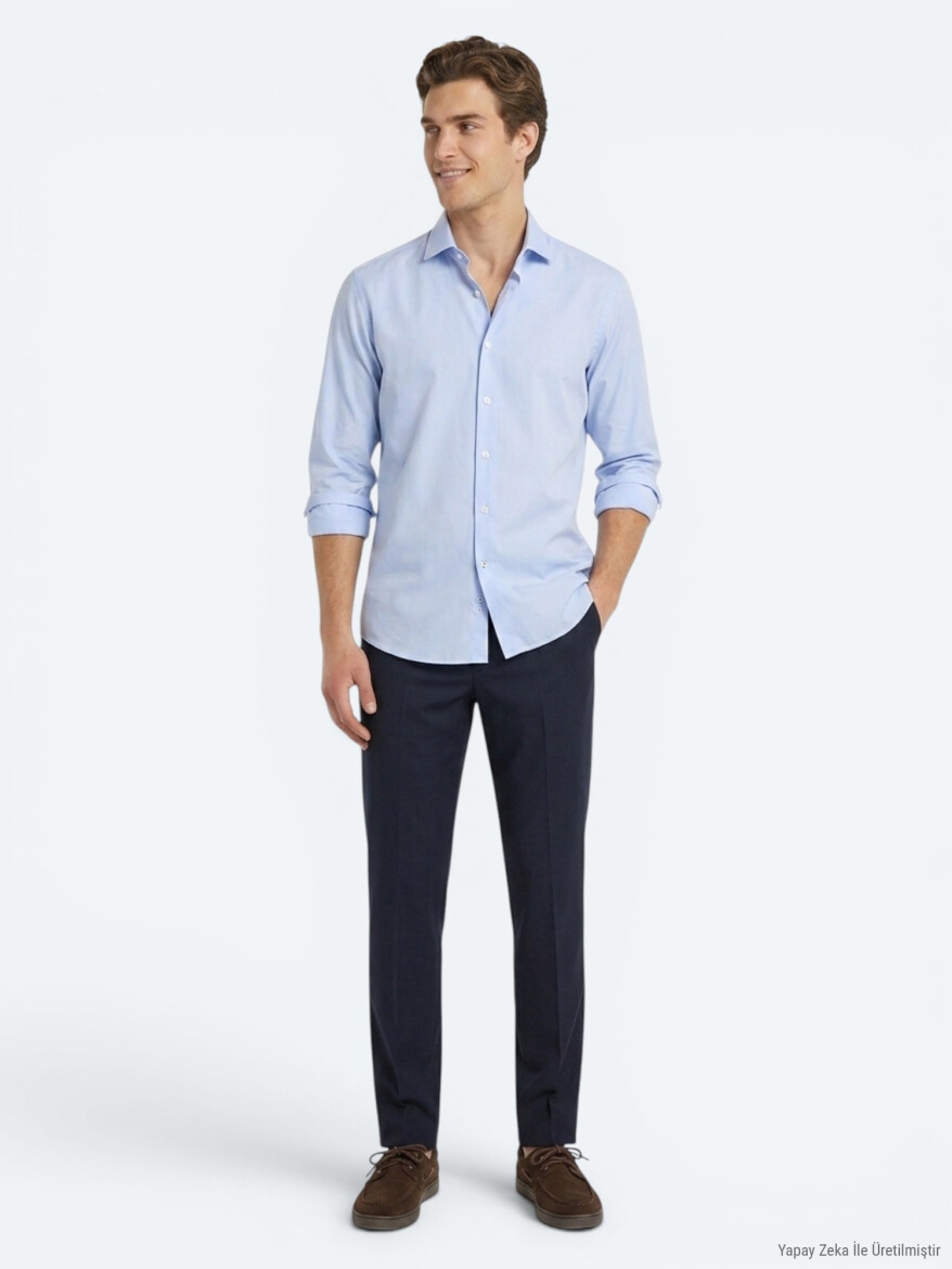 Blue Regular Fit Long Weaving Classical 100% Cotton Shirt - 4