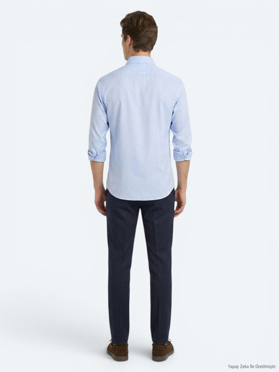 Blue Regular Fit Long Weaving Classical 100% Cotton Shirt - 5
