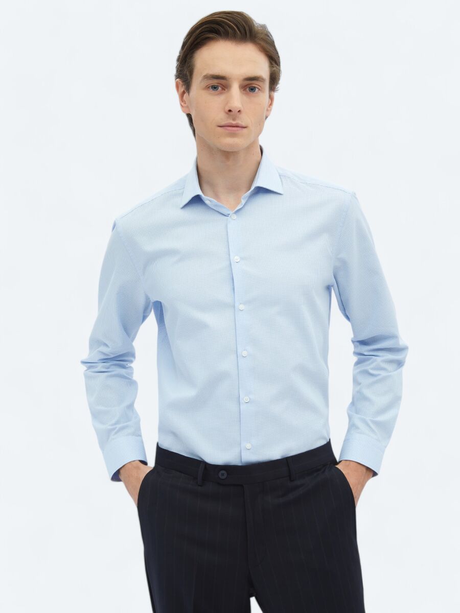 Blue Regular Fit Long Weaving Classical 100% Cotton Shirt - 3