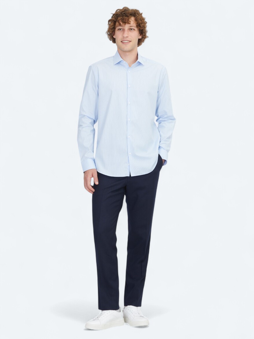 Blue Regular Fit Long Weaving Classical 100% Cotton Shirt - KİP