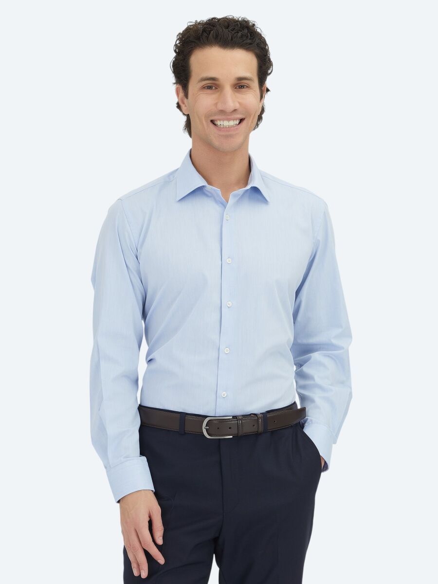 Blue Regular Fit Long Weaving Classical Cotton Blended Shirt - 1