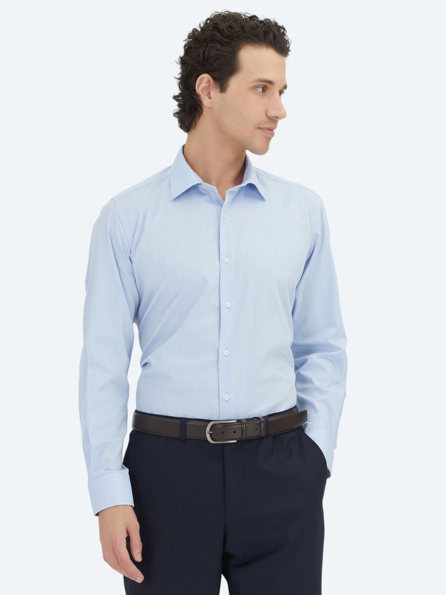 Blue Regular Fit Long Weaving Classical Cotton Blended Shirt - 3