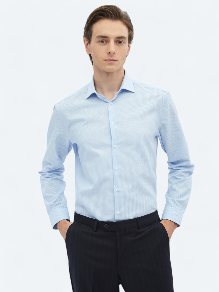 Blue Regular Fit Weaving Classical 100% Cotton Shirt - 3