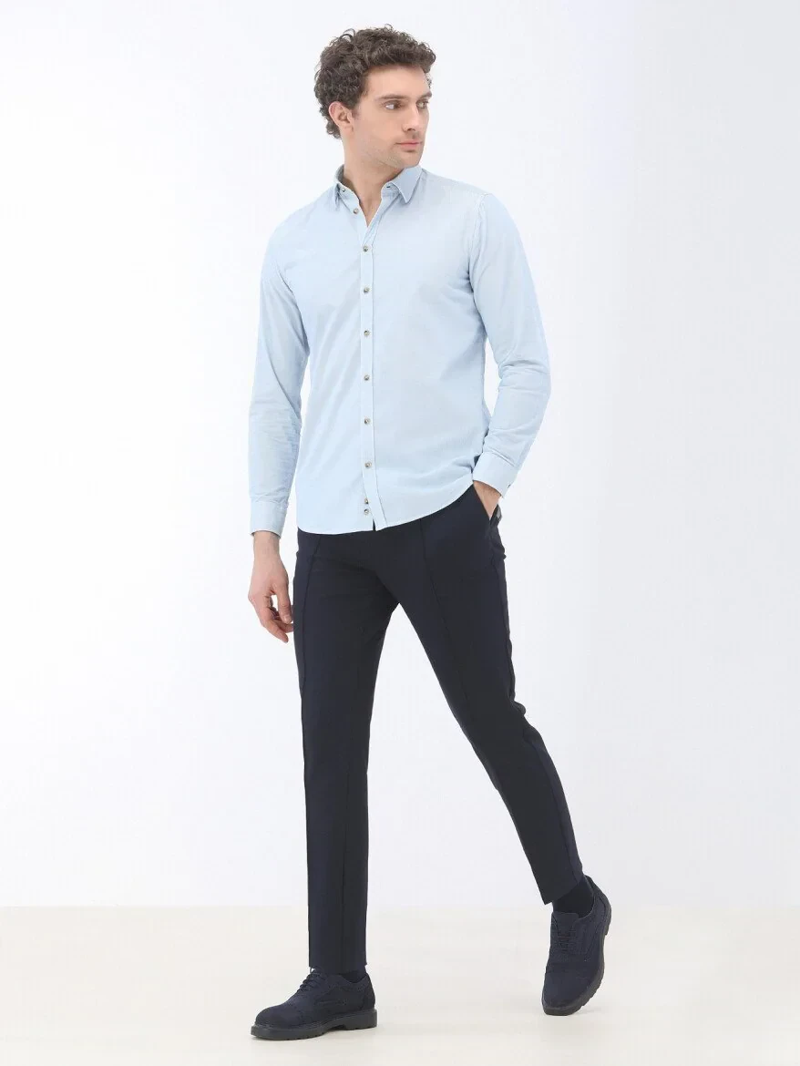 Blue Ribbed Regular Fit Weaving Casual 100% Cotton Shirt - 2