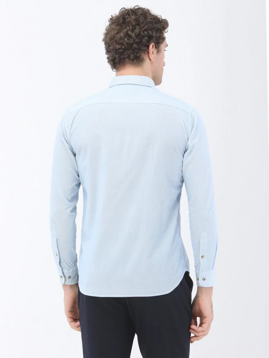 Blue Ribbed Regular Fit Weaving Casual 100% Cotton Shirt - 4