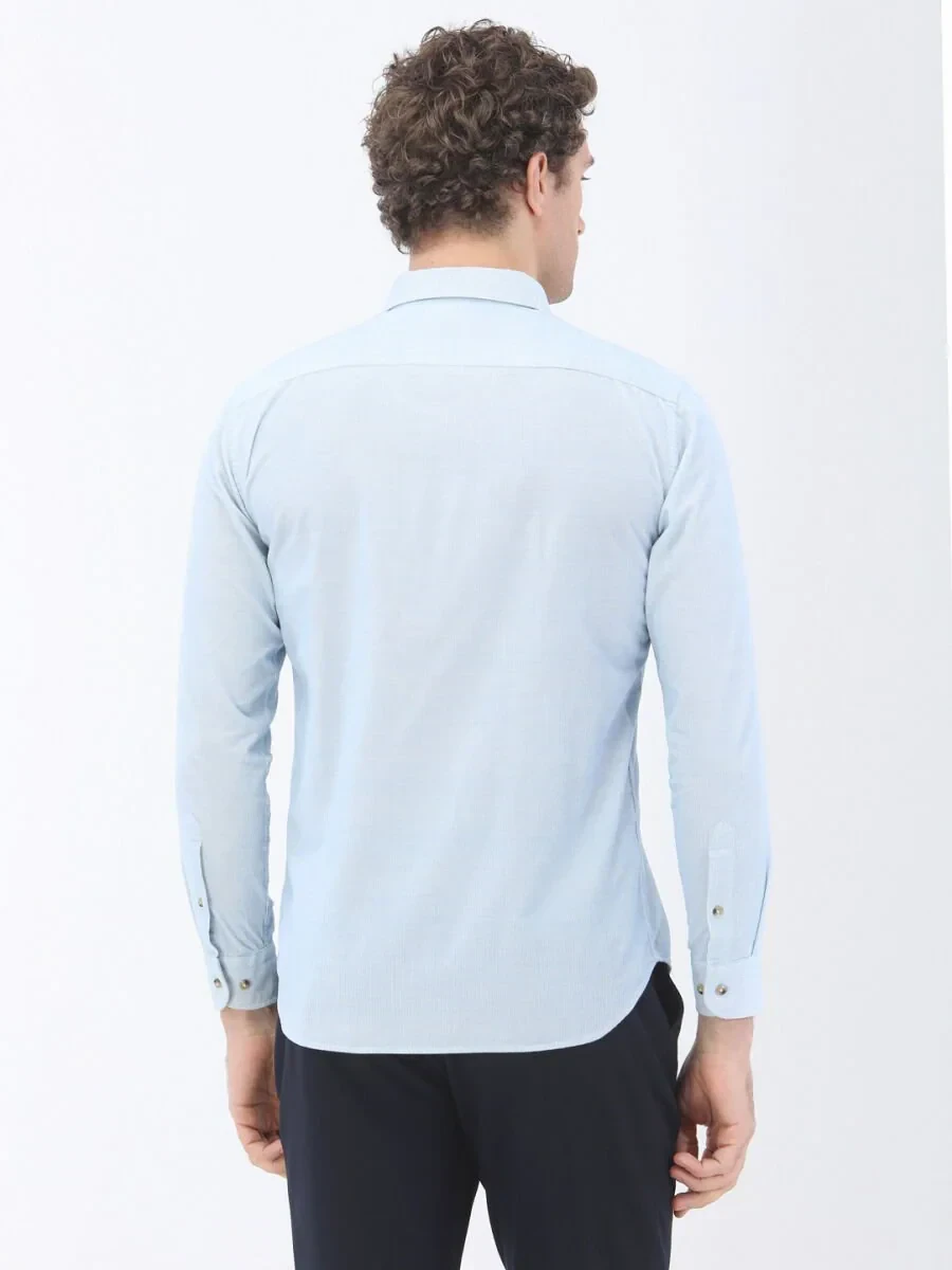 Blue Ribbed Regular Fit Weaving Casual 100% Cotton Shirt - 4