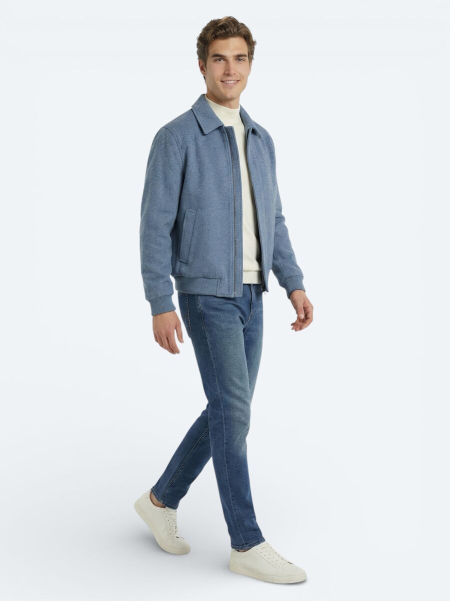 Blue Shirt Collar Casual Weaving Coat - 1