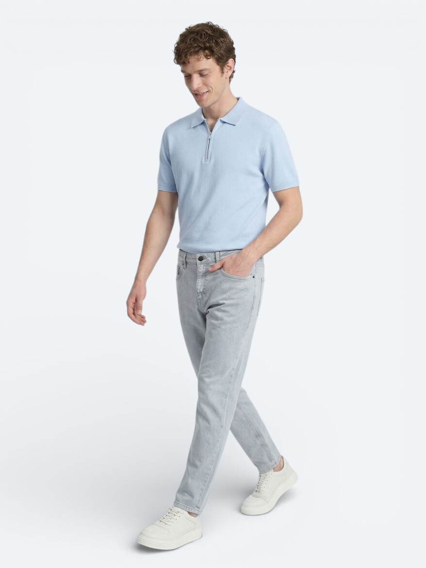 Blue Slim Fit Denim Cotton Blended Trousers - 1
