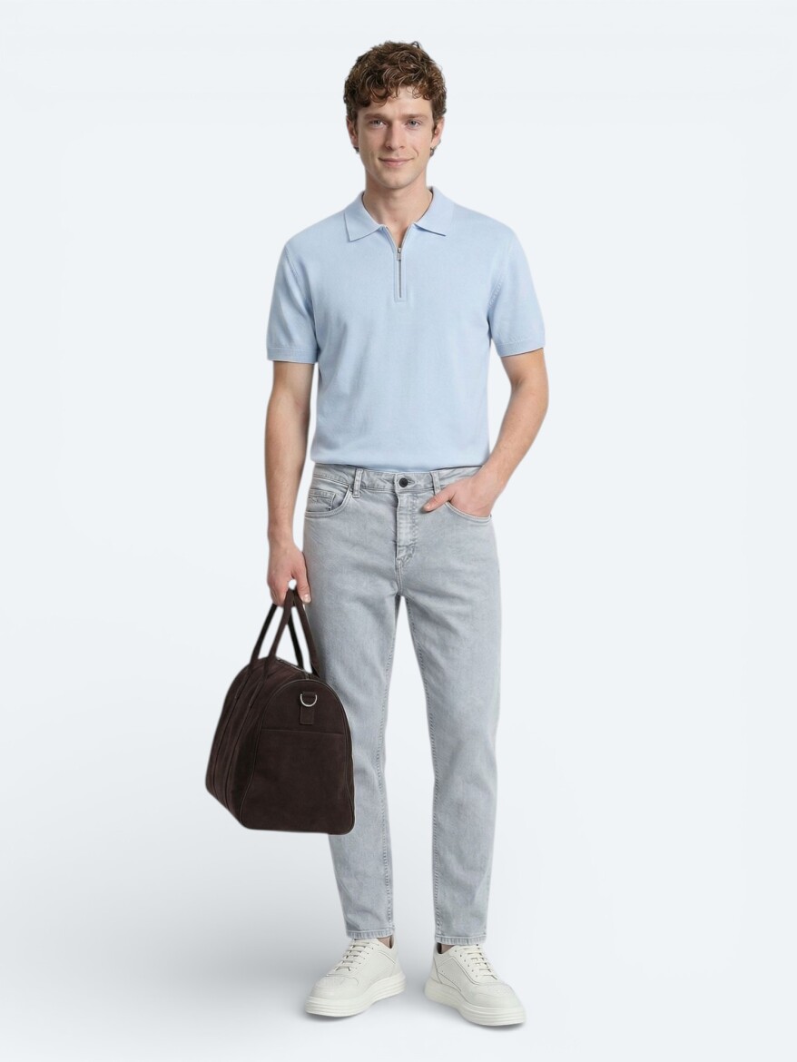 Blue Slim Fit Denim Cotton Blended Trousers - 2