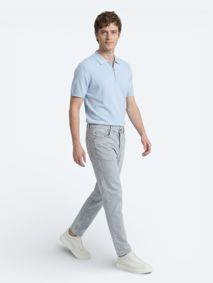 Blue Slim Fit Denim Cotton Blended Trousers - 4