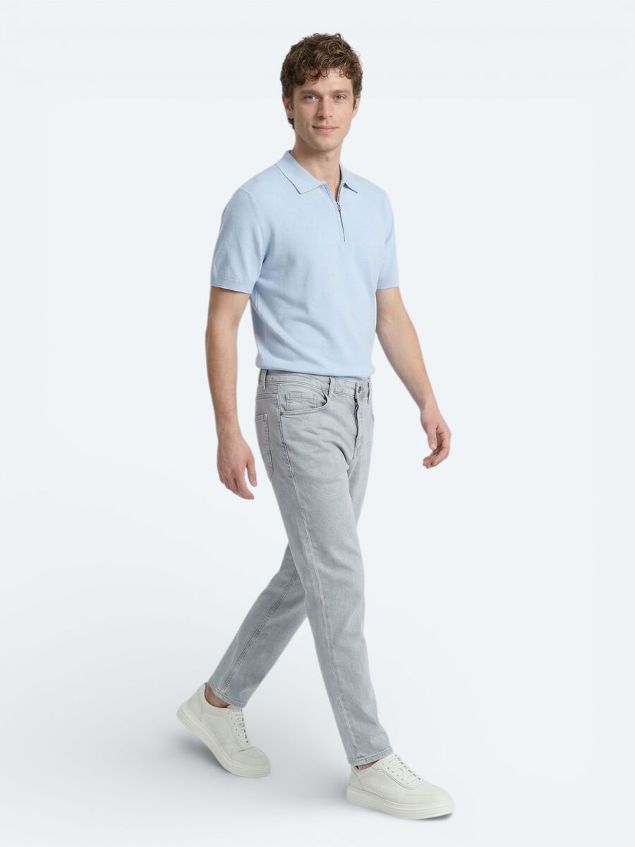 Blue Slim Fit Denim Cotton Blended Trousers - 4