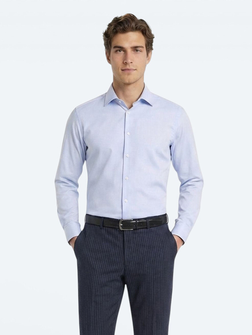 Blue Slim Fit Long Weaving Classical 100% Cotton Shirt - 2