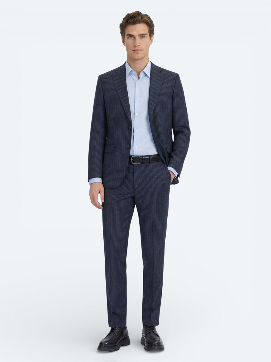 Blue Slim Fit Long Weaving Classical 100% Cotton Shirt - 4