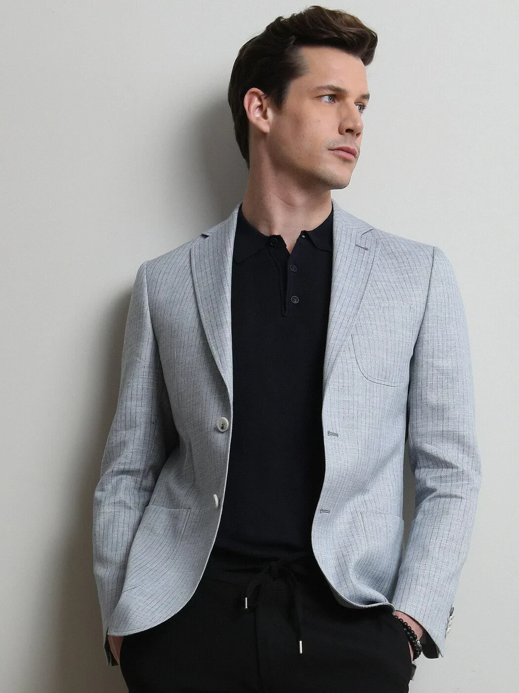 Blue Striped Modern Fit Linen Blended Jacket - 1