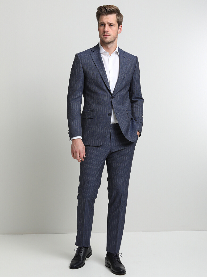 Blue Striped Modern Fit Suit - 1