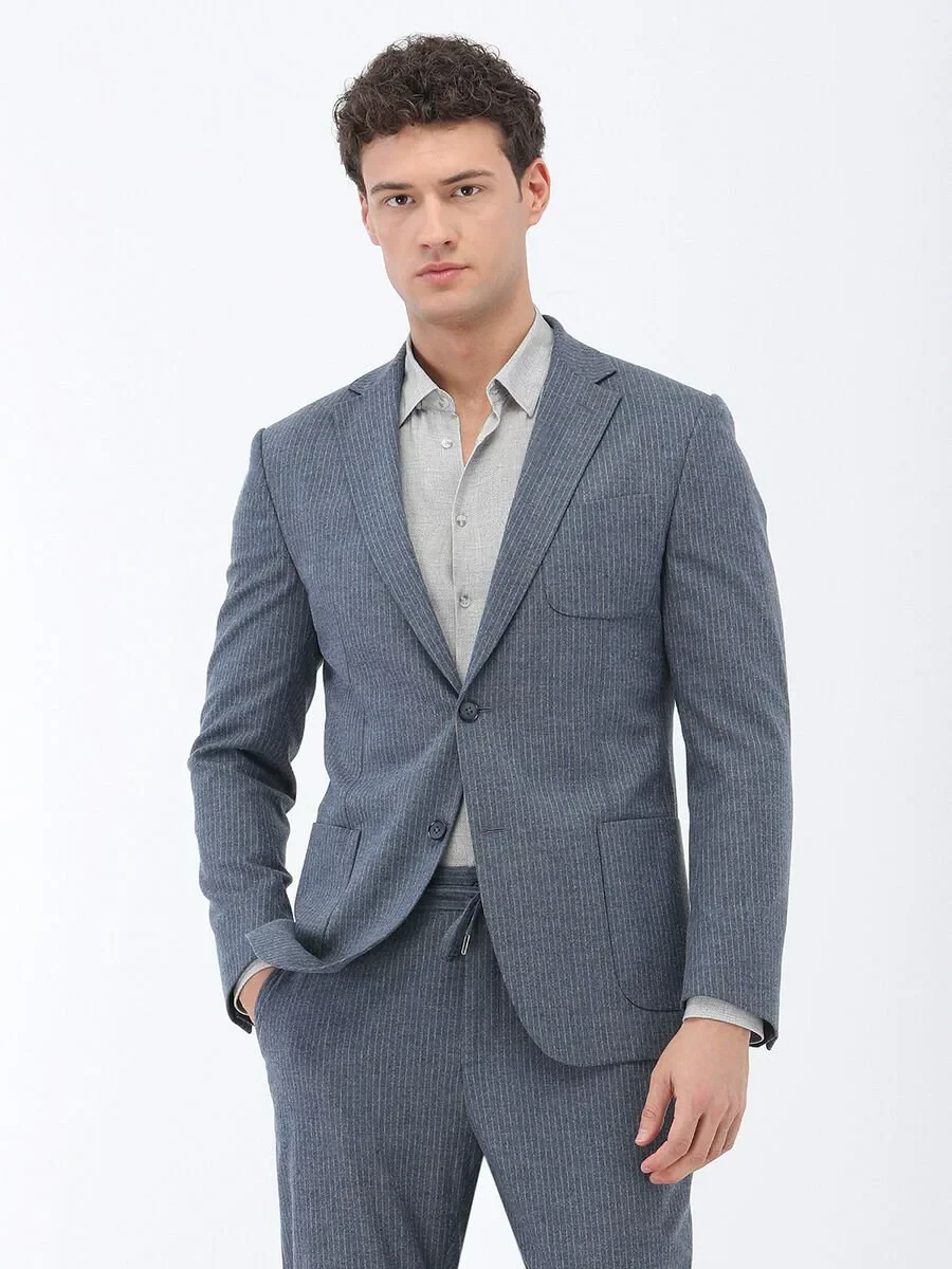 Blue Striped Modern Fit Suit - 1